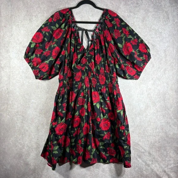 Old Navy Dress Women XXL Black Red Rose Puff Sleeve Smocked Waist Tie Back Boho - Picture 1 of 9